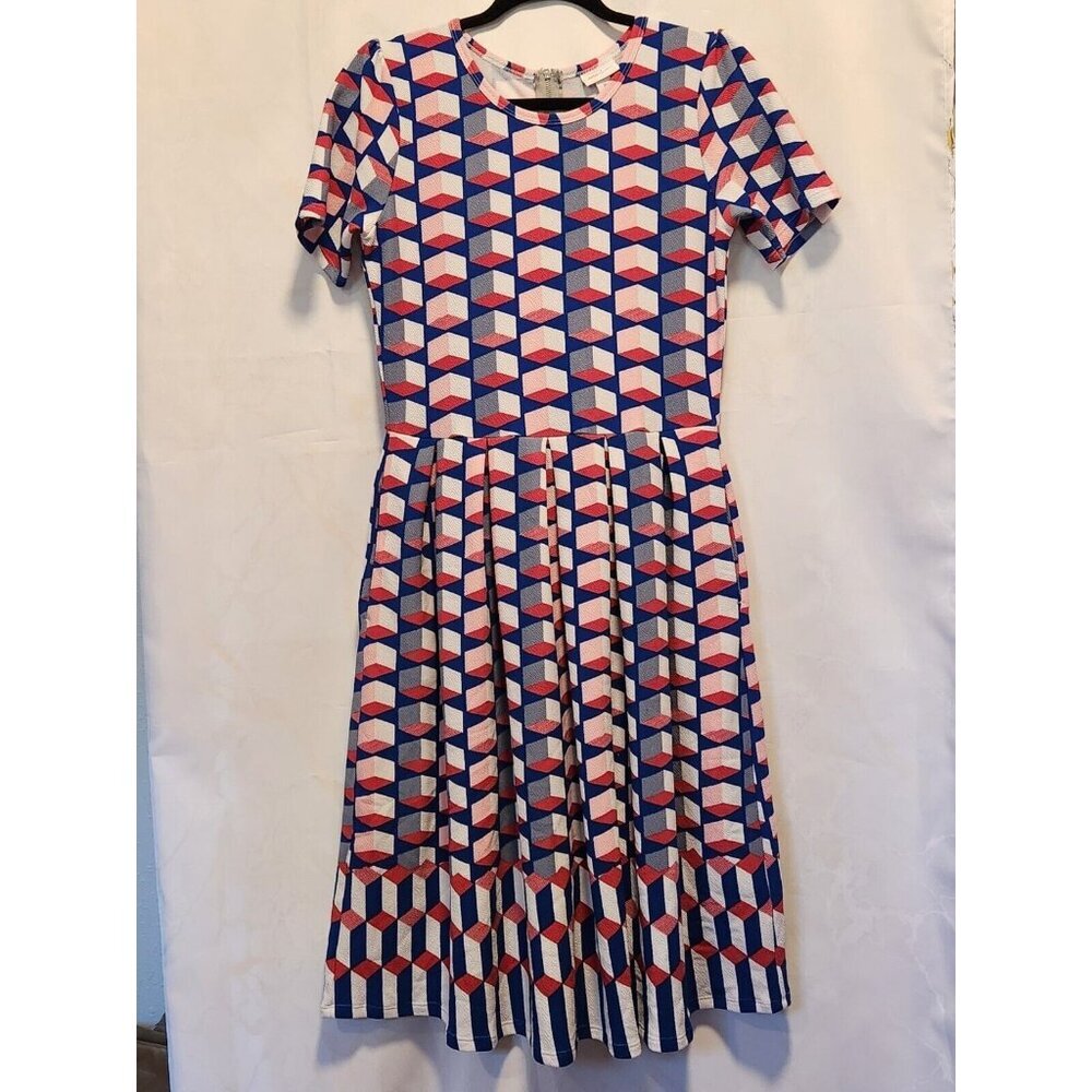 LuLaRoe Fit & Flare Amelia Dress M Multicolor‎ Geometric Pleated Skirt Pockets